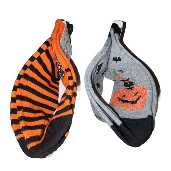 RIP Halloween Crew Socks 2 Pair Women 4-10 Gray Orange w Jack O'lantern Cat Bat - Picture 6 of 8